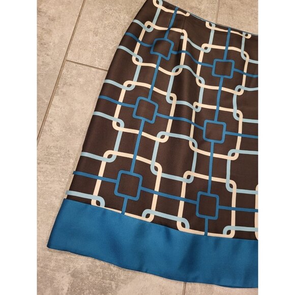Talbots Brown Aqua Retro Geometric Print 100% Silk Lined Pencil Skirt Sz 10p - Picture 2 of 6